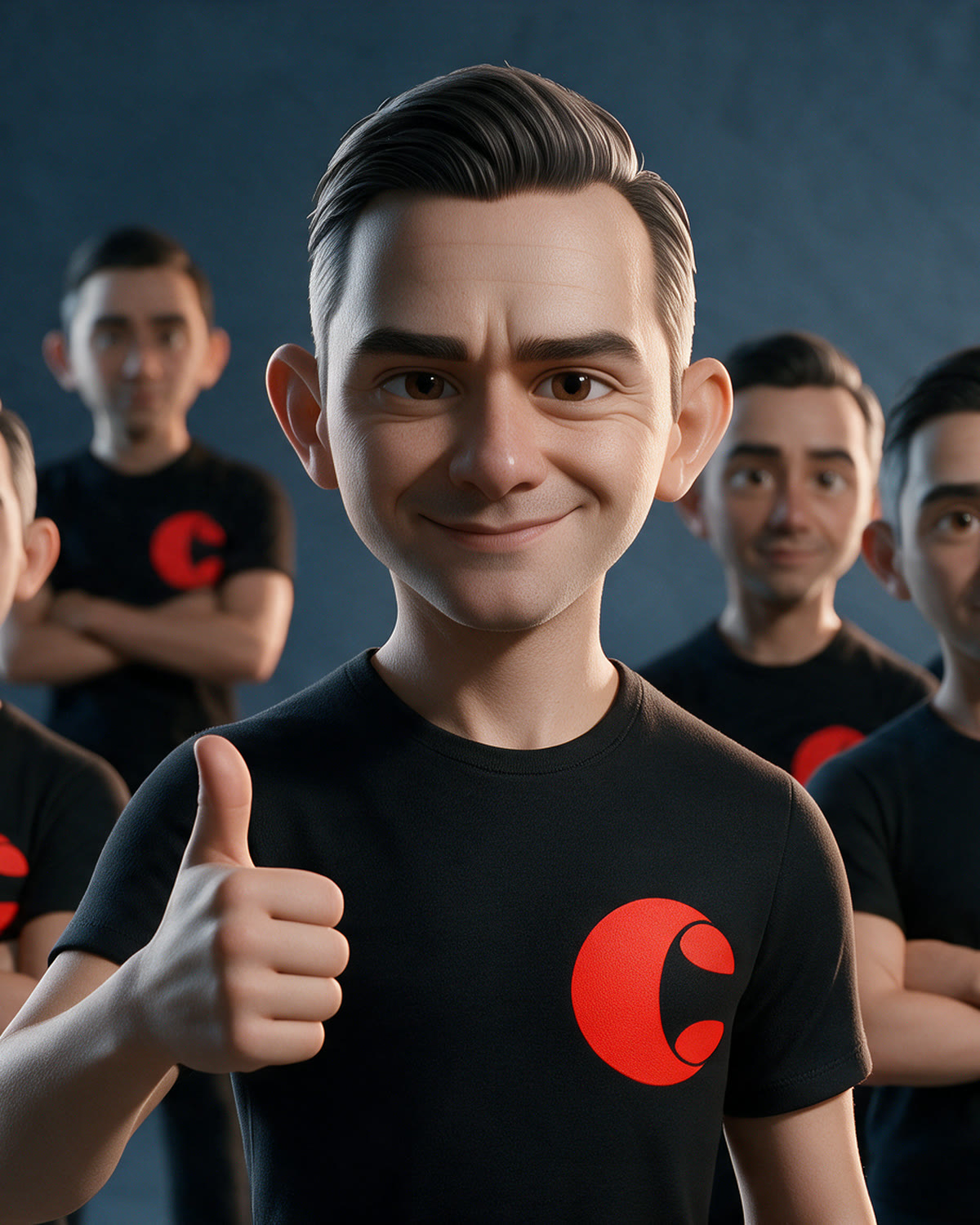 ADO, the Castmedia character, in front of the team giving a thumbs-up