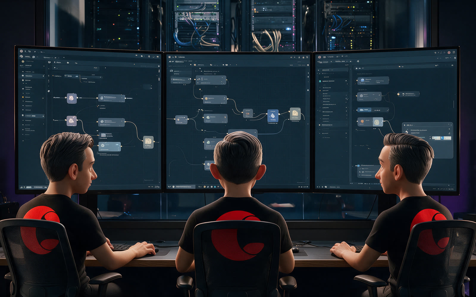 Team monitoring automated workflows on three screens