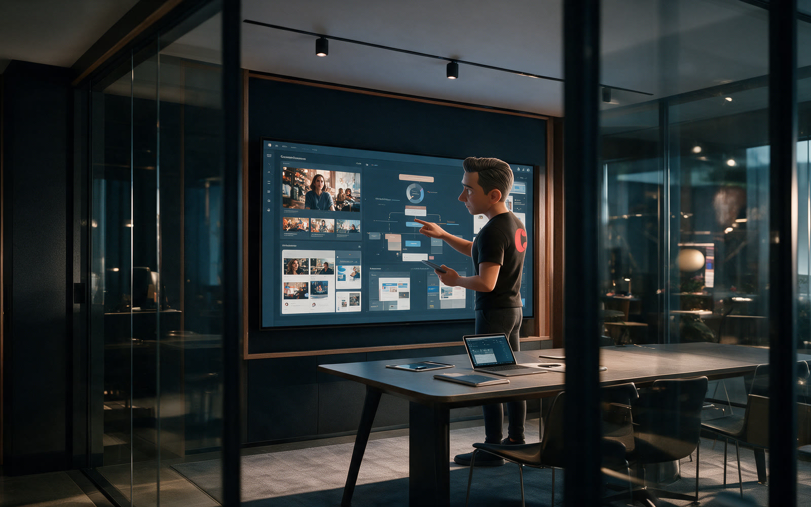 Strategy session in front of a screen showing the content plan