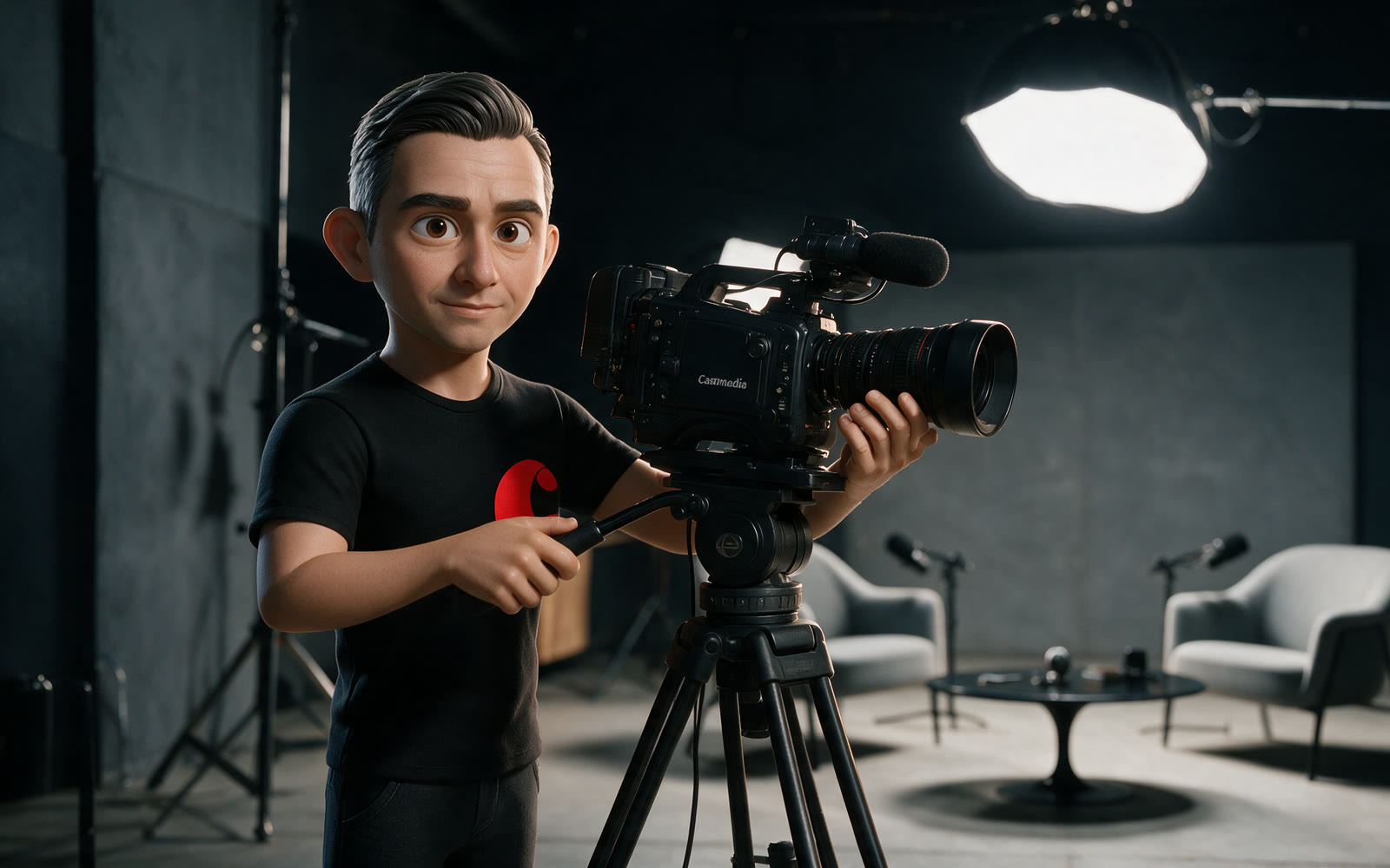 Illustrated scene of a film set with a camera and interview chairs