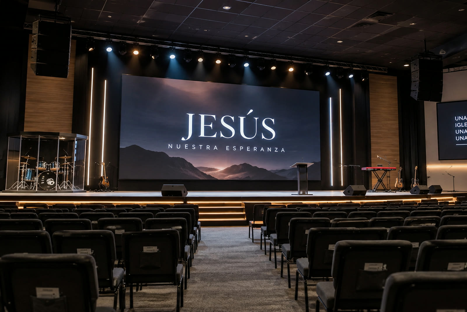 Church auditorium with an LED screen, lighting and sound system ready for the service