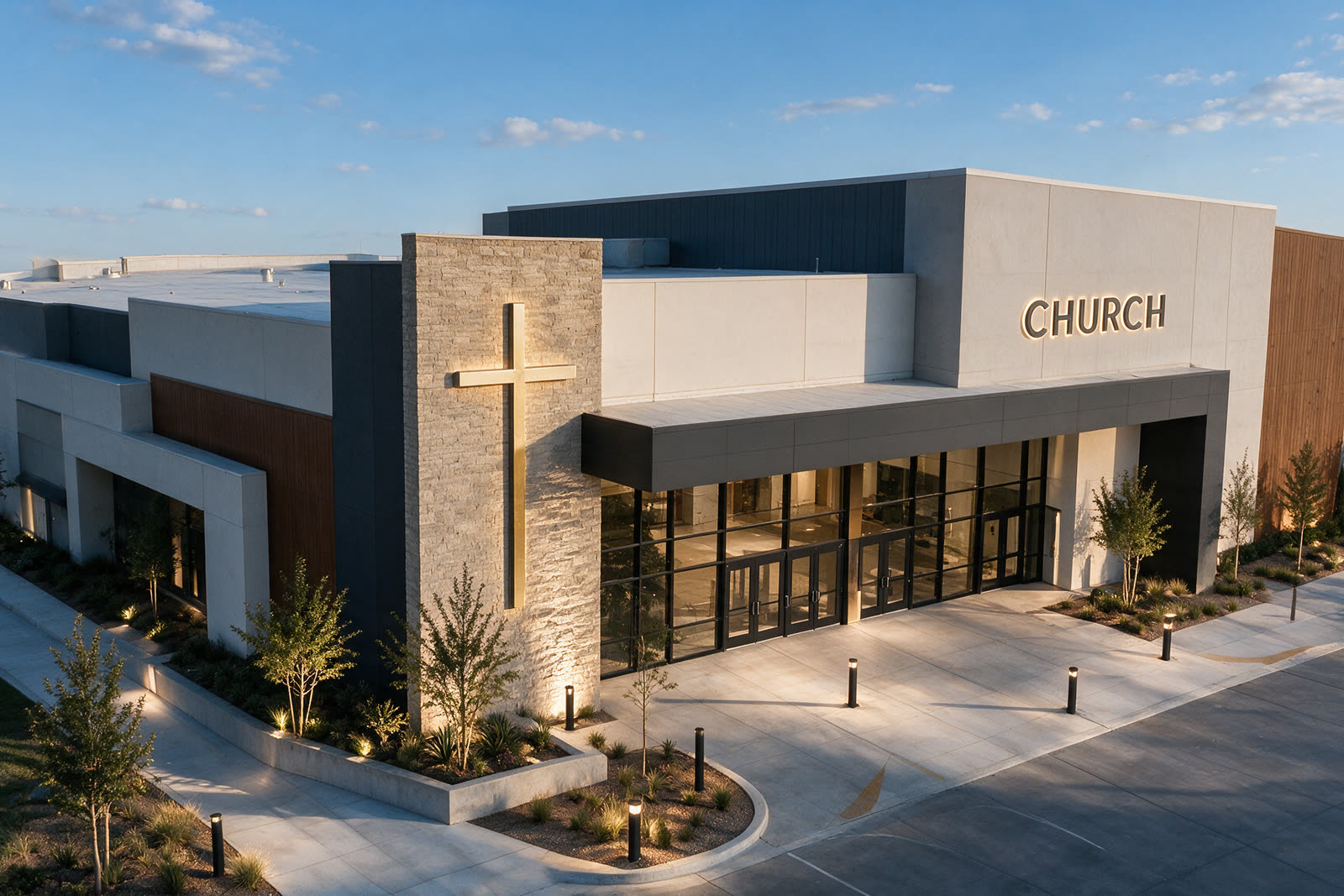 Facade of a modern church at sunset