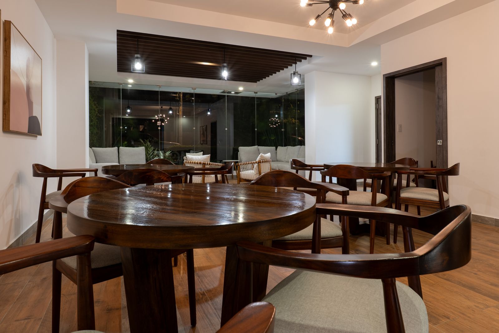 Social room with wooden tables