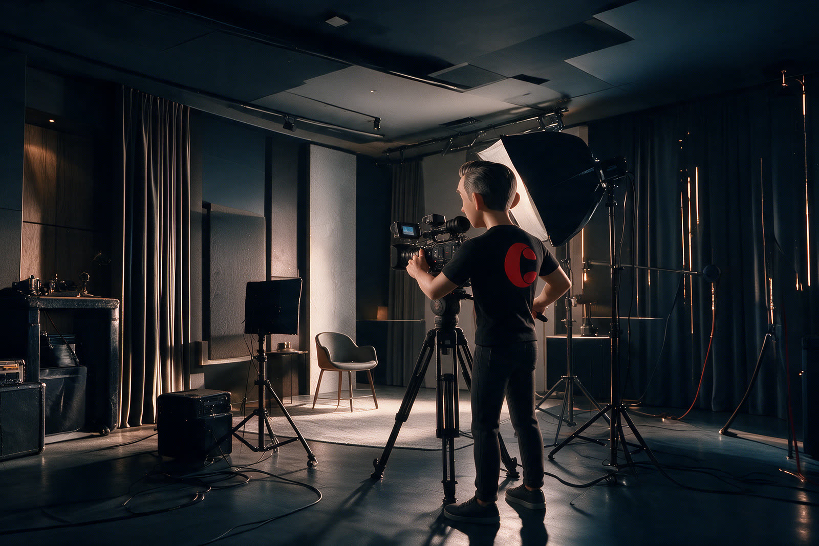 Escena ilustrada de un set de producción con cámara en operación
