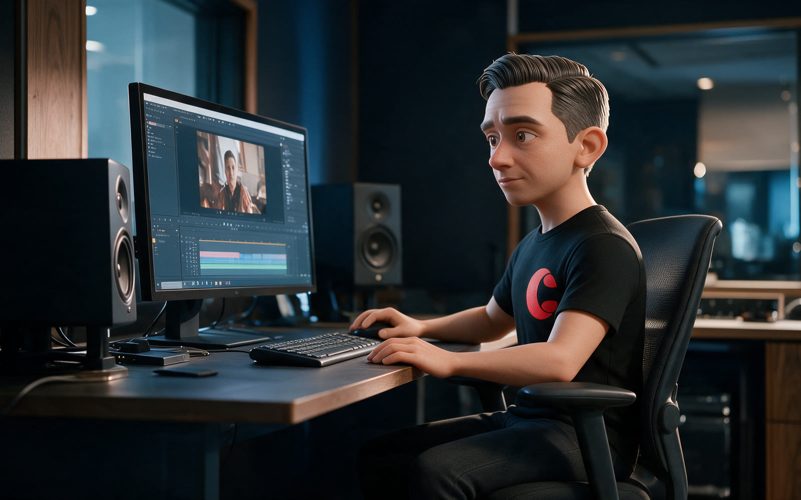 Editing suite with a timeline and reference monitors